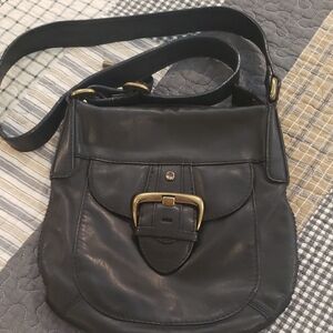 Fossil Black Leather Crossbody Bag with Gold Buckle